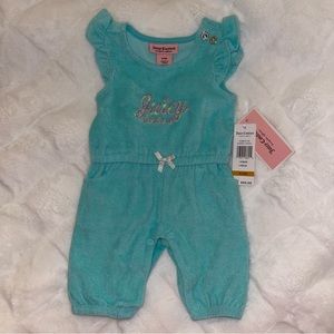 NWT Baby Juicy Couture Jumpsuit Romper Blue Aqua Logo Bow Ruffle Pockets 0-3 Mon